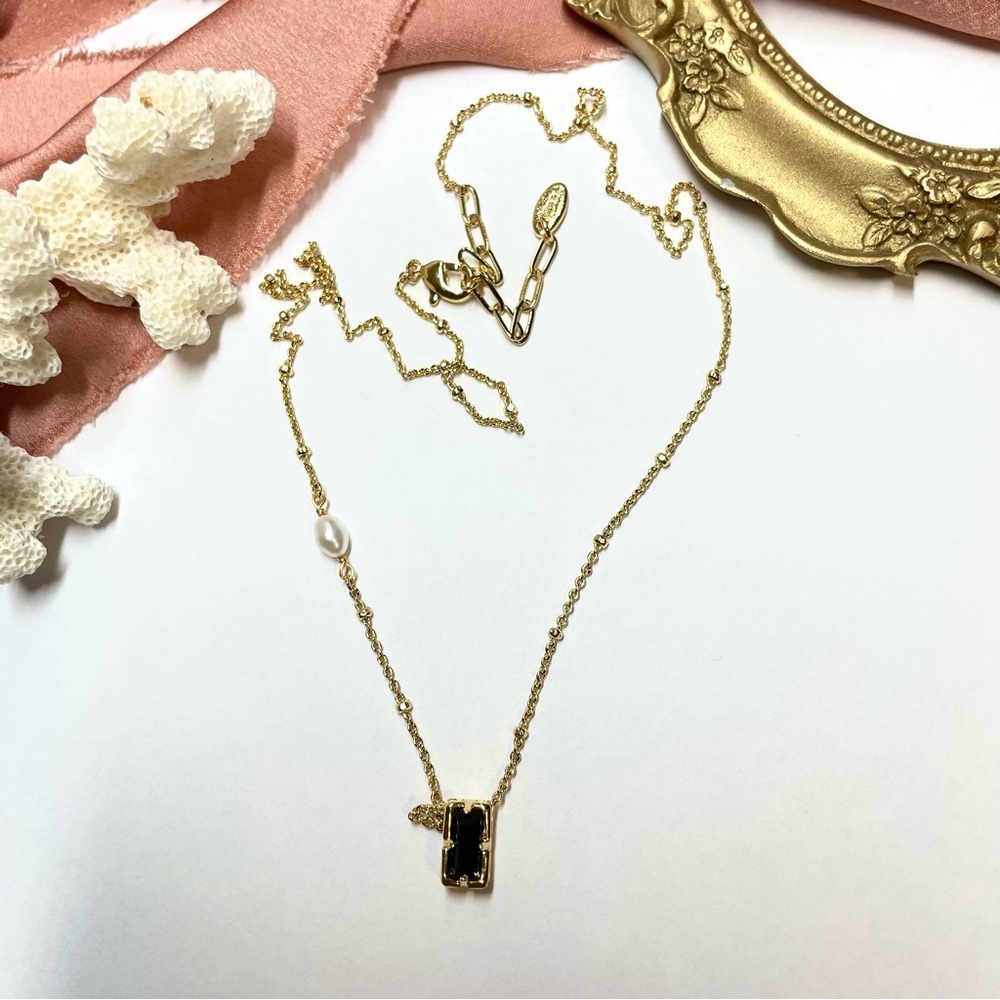 Gold Dainty Necklace with Black Pendant and Pearl Accent Minimalist - Picture 3 of 6